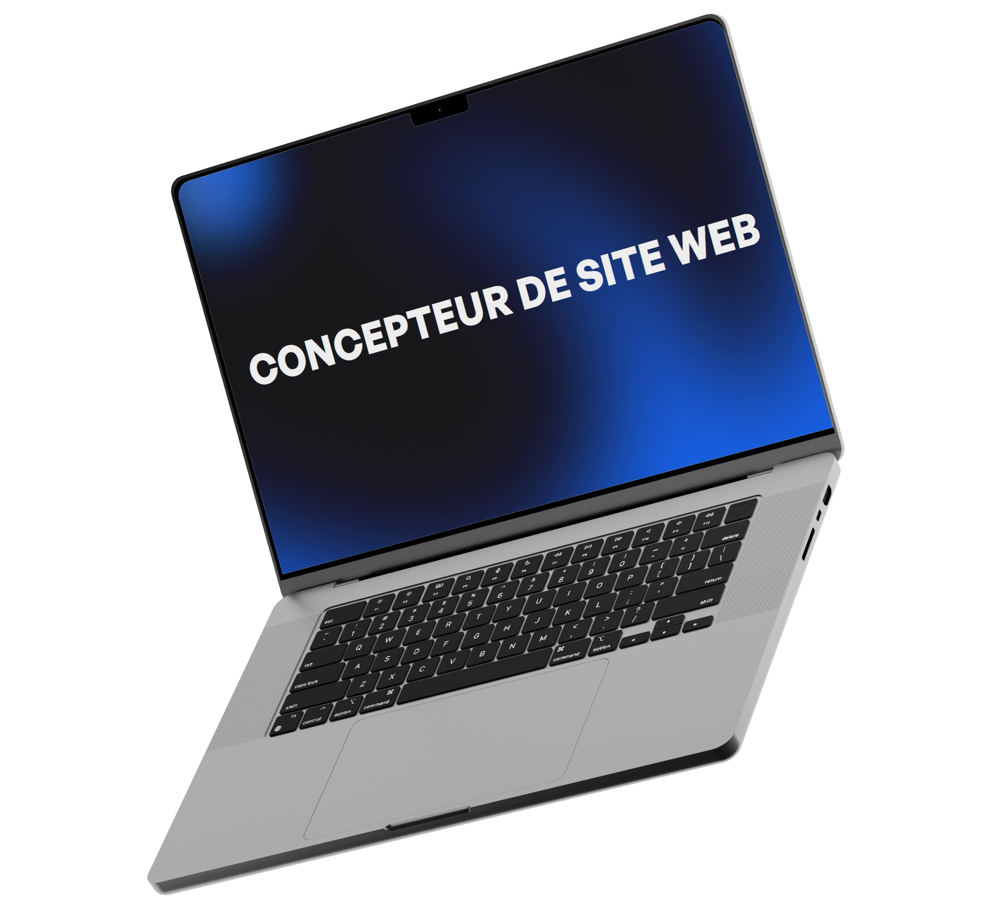 image d'un PC portable en lévitation qui affiche le titre du service : Création de site web sur mesure